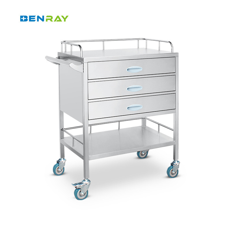 Hospital 3 Drawers Stainless Steel Medical Medicine Trolley
