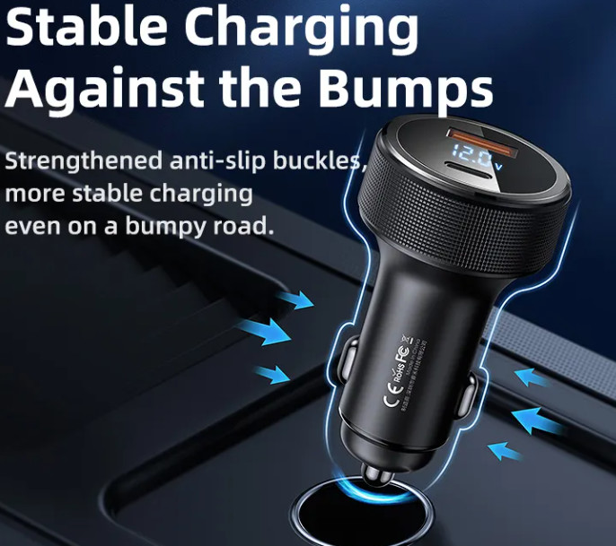 QC PD Fast Charging USB Car Charger Socket Type C With Digital Display 58.5W