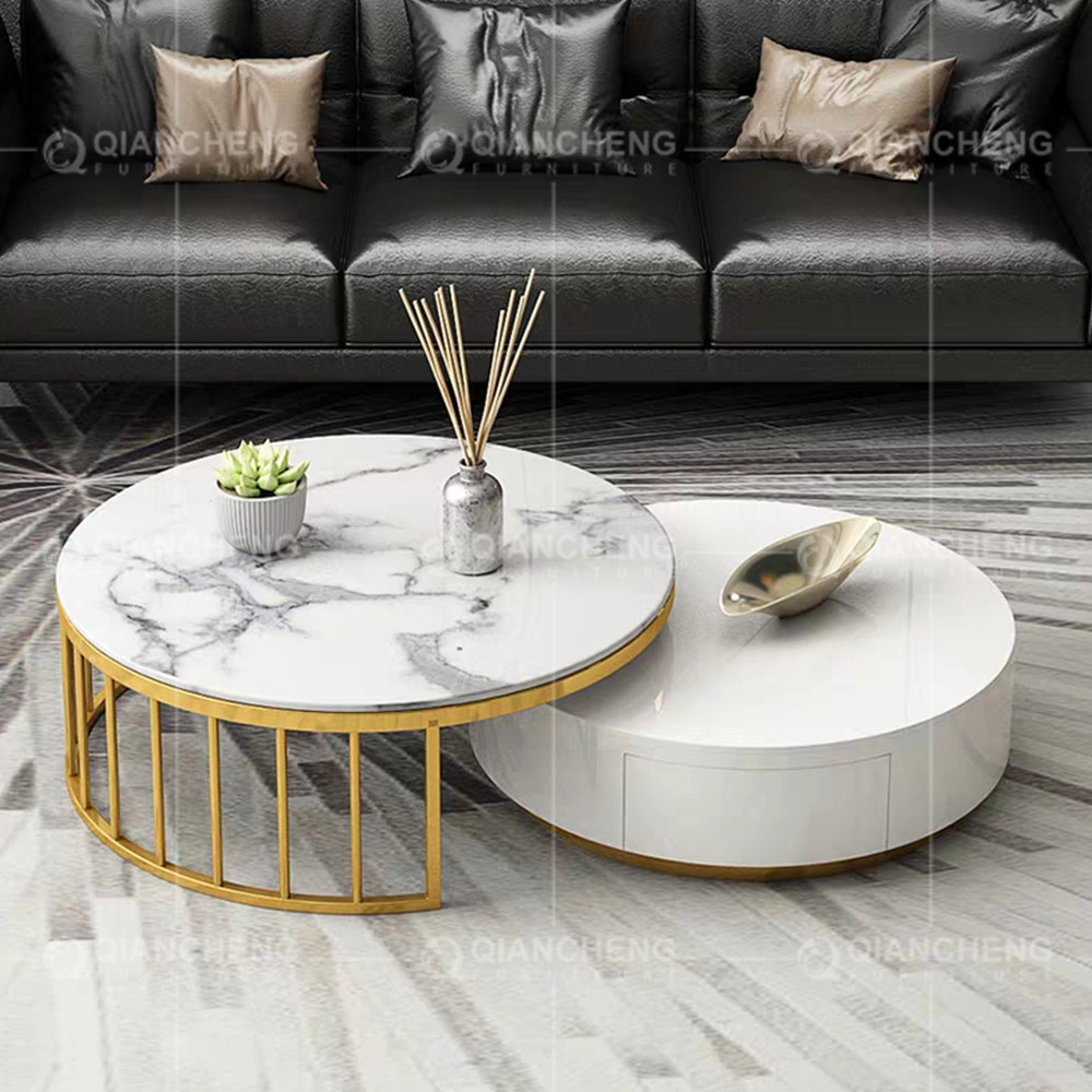 Qiancheng OEM SS Coffee Table 20mm Marble Top With White Drawers