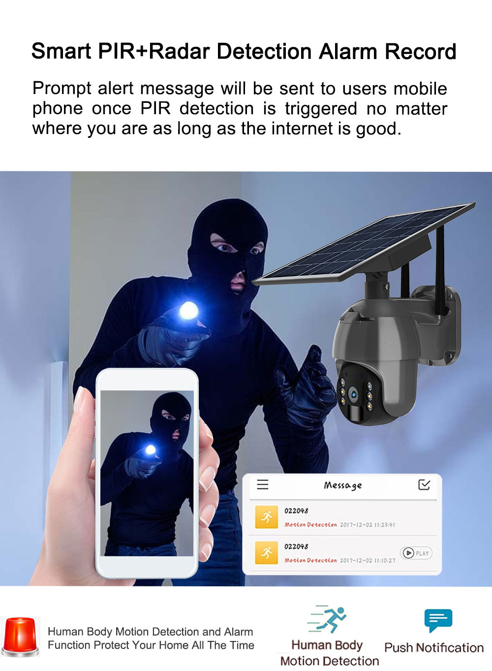 PIR Motion 3G 4G PTZ Camera 4MP 4G Solar Security Camera 360 View Color Night Vision