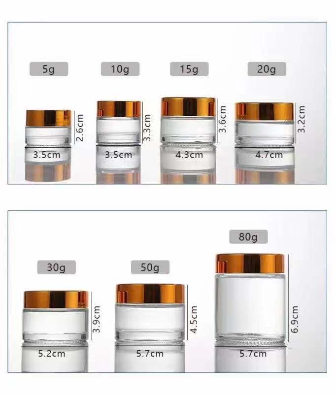 5g 10g 15g 30g 50g 100g Food Grade Round Glass Jar with Gold or Silver Lids from Screen Printing