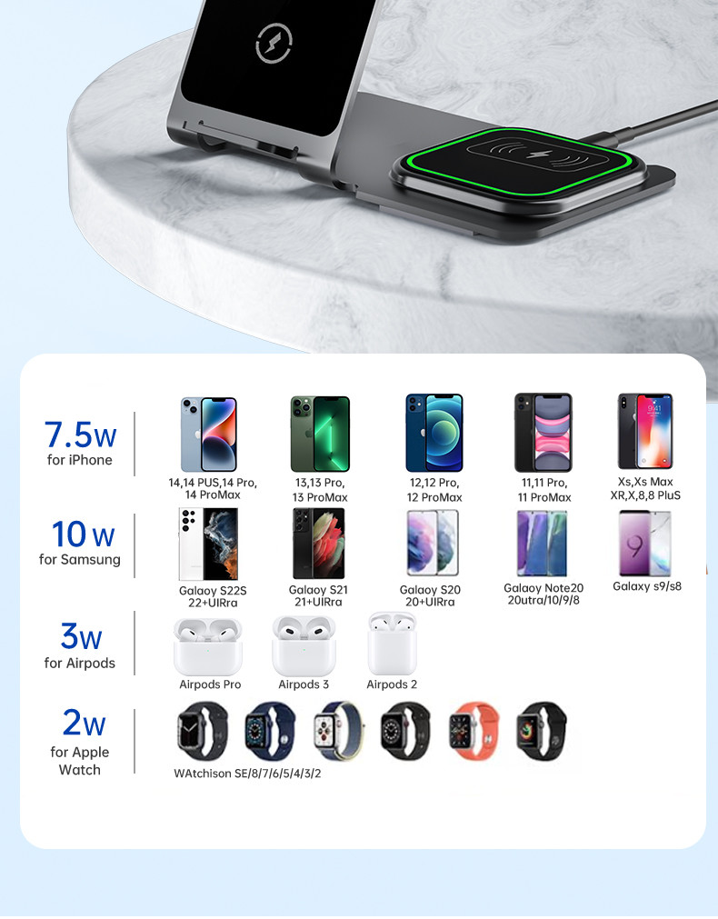 Aluminum Alloy 3 In 1 Wireless Charging Stand 15W Power Over Temperature Protection