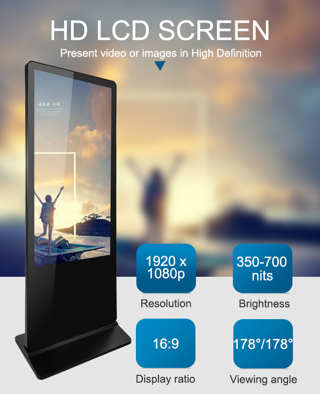 49 Inch 350 Cd/M2 Floor Standing Digital Signage , Stand Alone Digital Signage