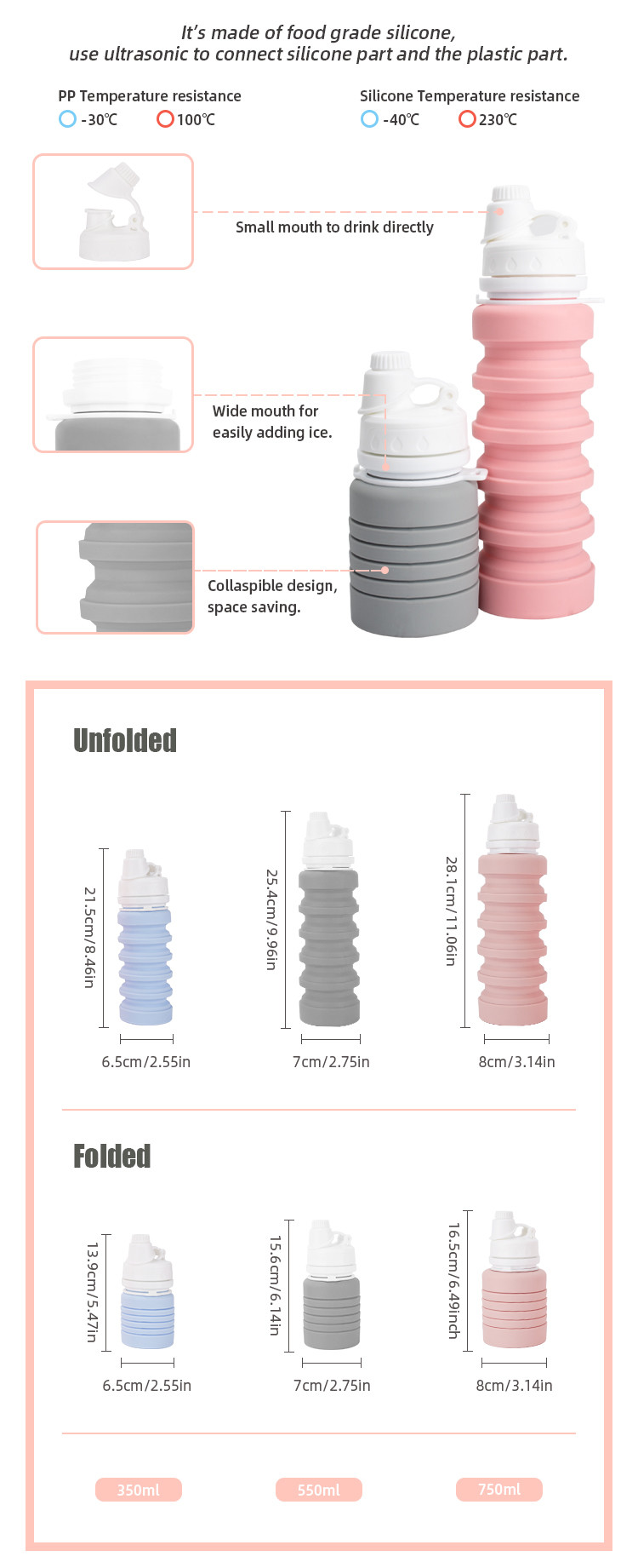 Food Grade PP Silicone Water Bottle Foldable 350ml 550ml 750ml