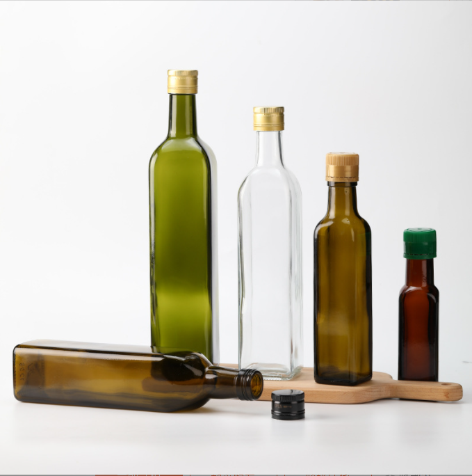 Glass Collar Clear 500ml 750ml Dark Green Round Marasca Cooking Oil Bottle With Lid