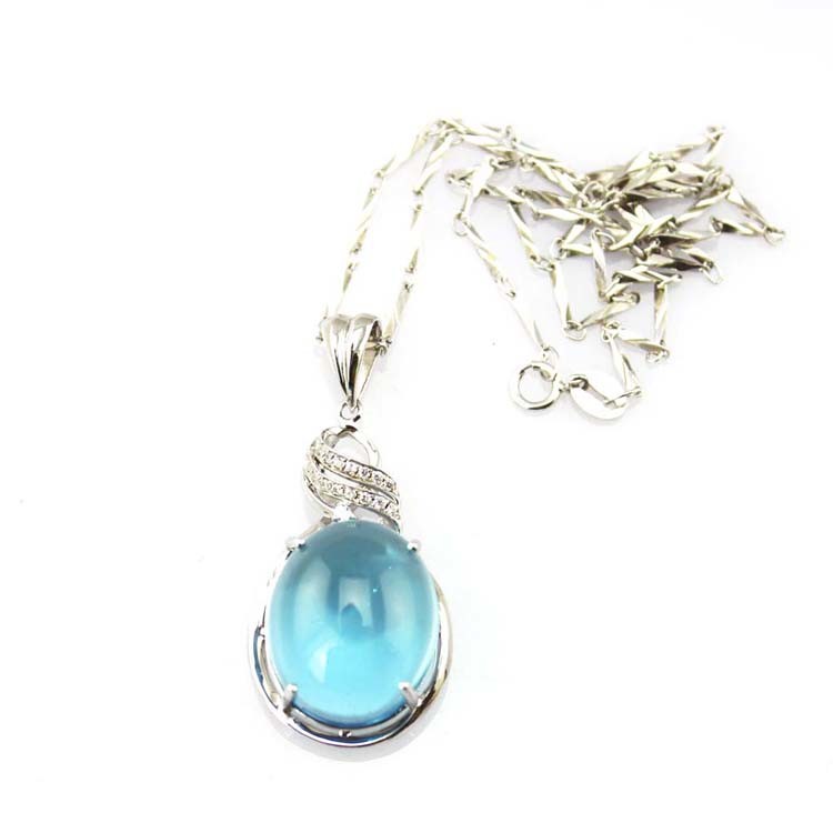 Sterling Silver Chain Oval Dome Blue Topaz Cubic Zirconia Charm Pendant Necklace(PSJ0291)