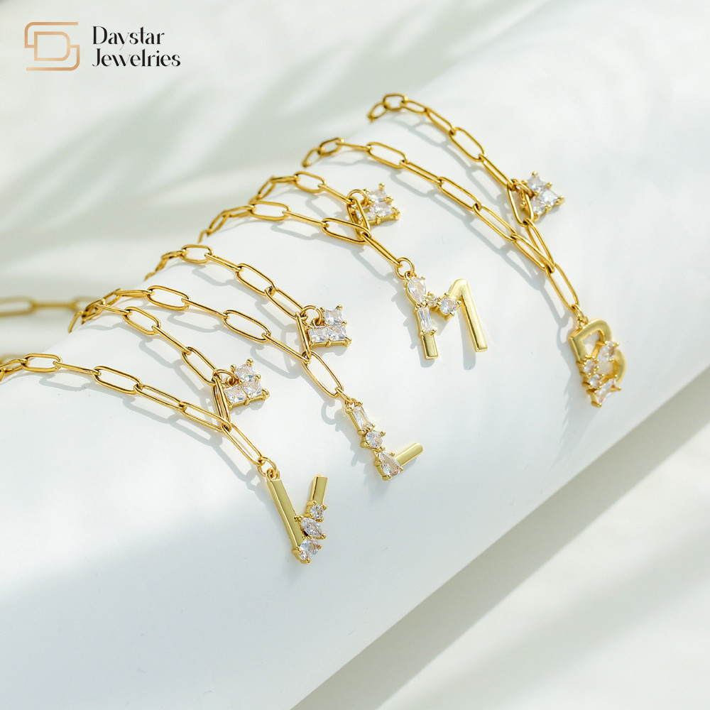 Paperclip Chain 18k Gold Plated Letter Pendant Necklace Diamond Zircon Heart