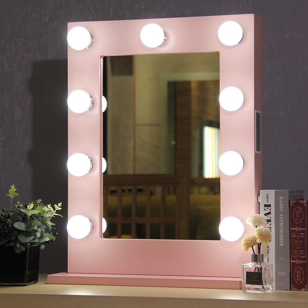 Framed Makeup Mirror With Lights Smart Dimming Pink Led Makeup Mirror
