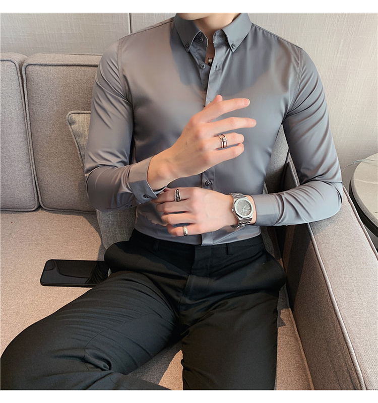 Men's Fashionable Business Casual Shirt Plain Solid Long Sleeve Slim Fit Office Shirts