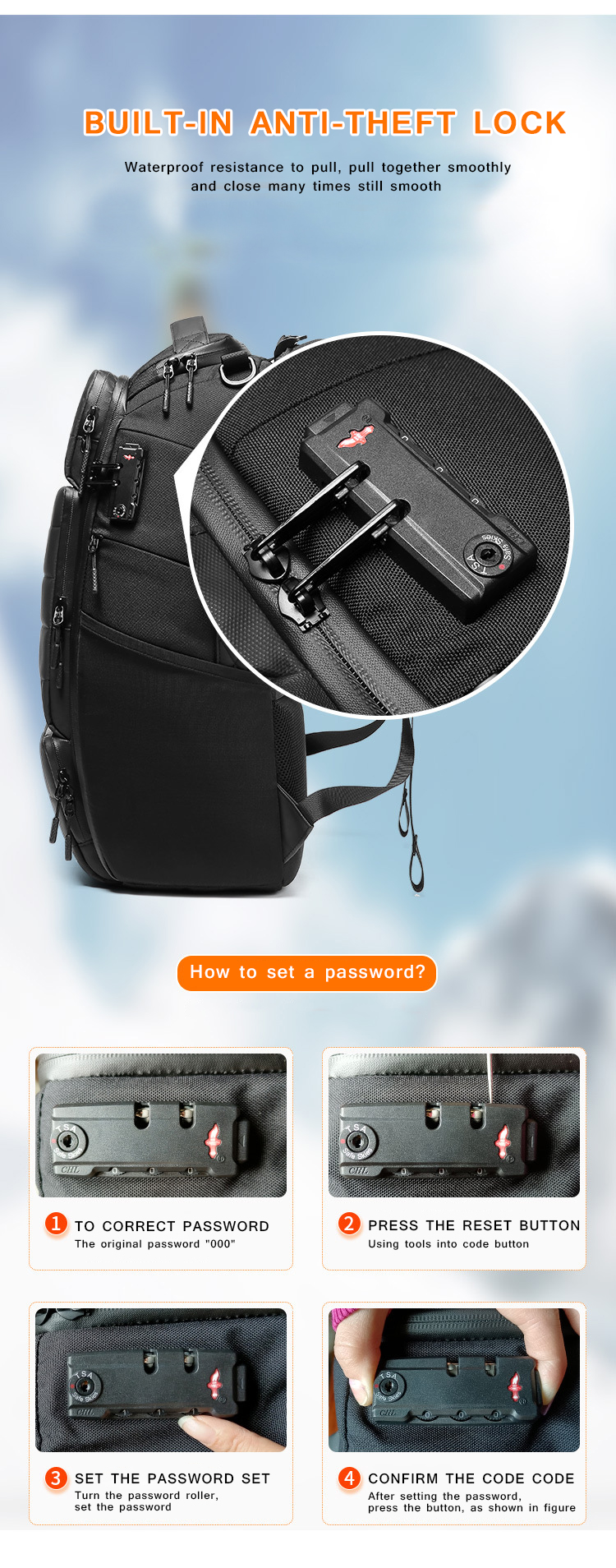 900D Single Layer Film 30L Waterproof Business TSA Lock Backpack 1kg