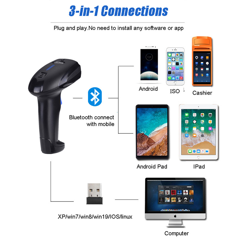 1D CCD Bluetooth Barcode Scanner Wireless For Store Supermarket YHD-1100CB