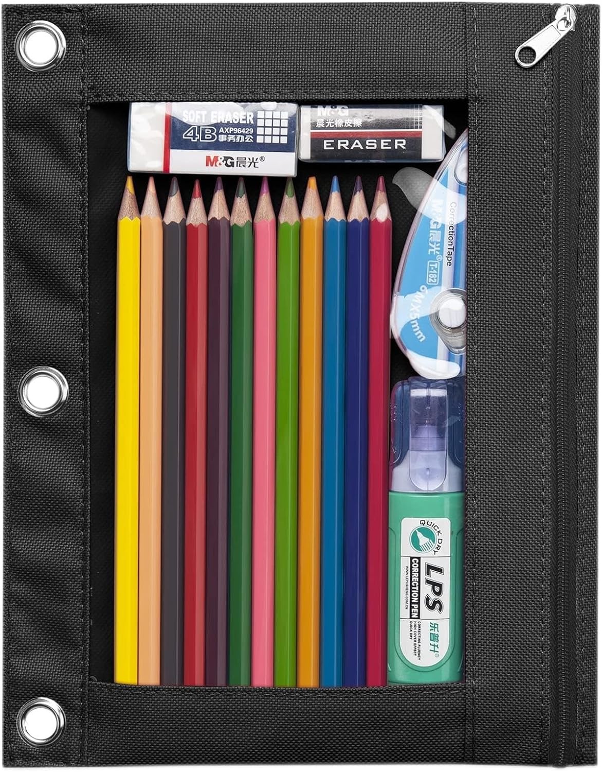 Binder Pencil Case with Smooth Zipper, Clear Window Pencil Case for Binder, Big Capacity 3 Ring Binder Pencil Bag