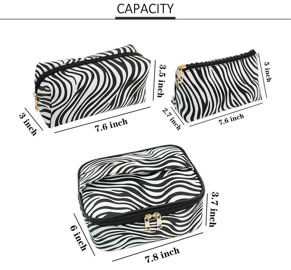 3 Pack Zebra Striped PU Leather Toiletry Travel Bag
