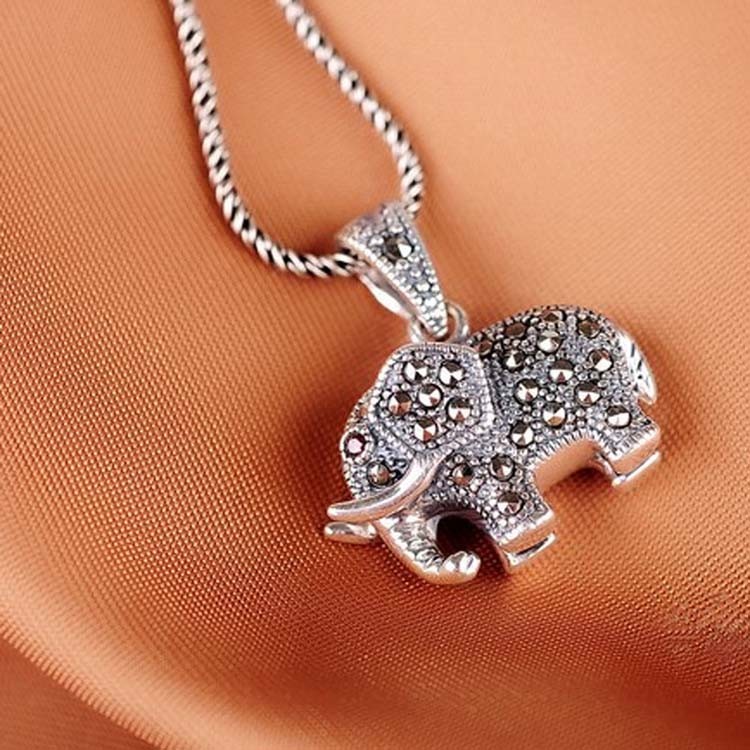 Thai 925 Silver Pave Marcasite Elephant Pendant Necklace (N11062)