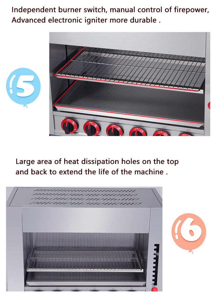 6 Burner Gas Infrared Salamander Grill Oven Lift for Food Service Industry