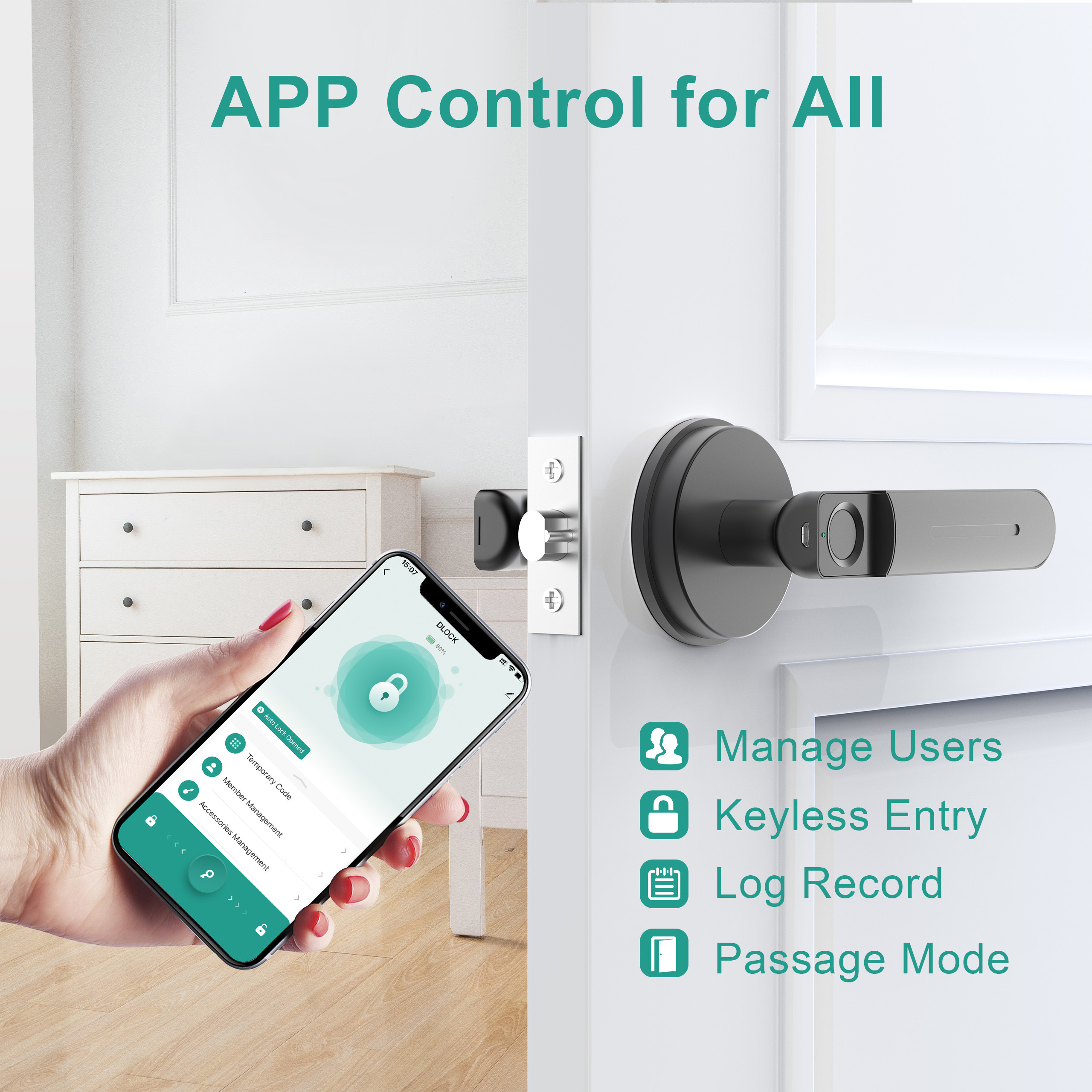 App Function, Smart Fingerprint Door Lock,Keyless Door Lock with Handle,Room Door Lock for Bedroom / Office