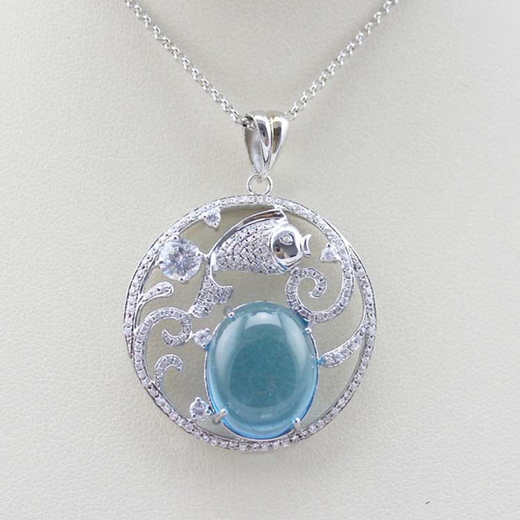 Fashion Silver Jewelry Oval Dome Blue Topaz CZ Fish Charm Jewelry (PSJ0354)
