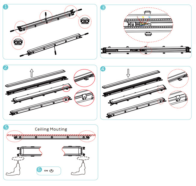 240Vac High Lumen LED Tri Proof Light For Metro Station / Train Station 6000lm 5 Feet