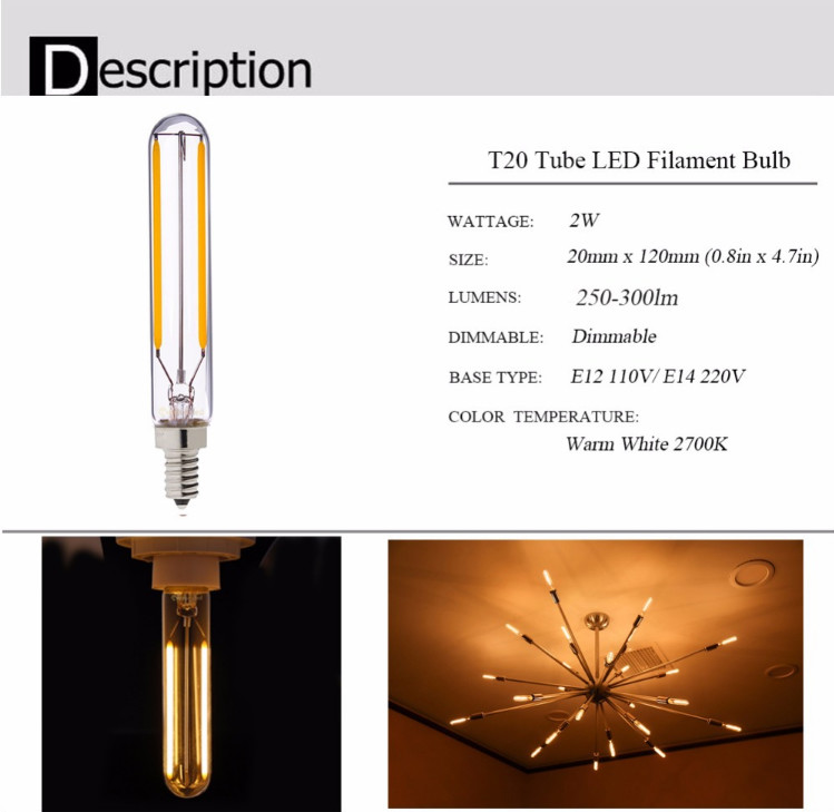 4W T20 Clear Edison Bulbs LED 2700K 240V E12 E14 Vintage Tubular Light Bulbs