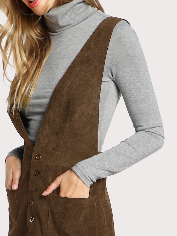 Autumn Design Crisscross Buttoned Plunge Pinafore Corduroy Dress