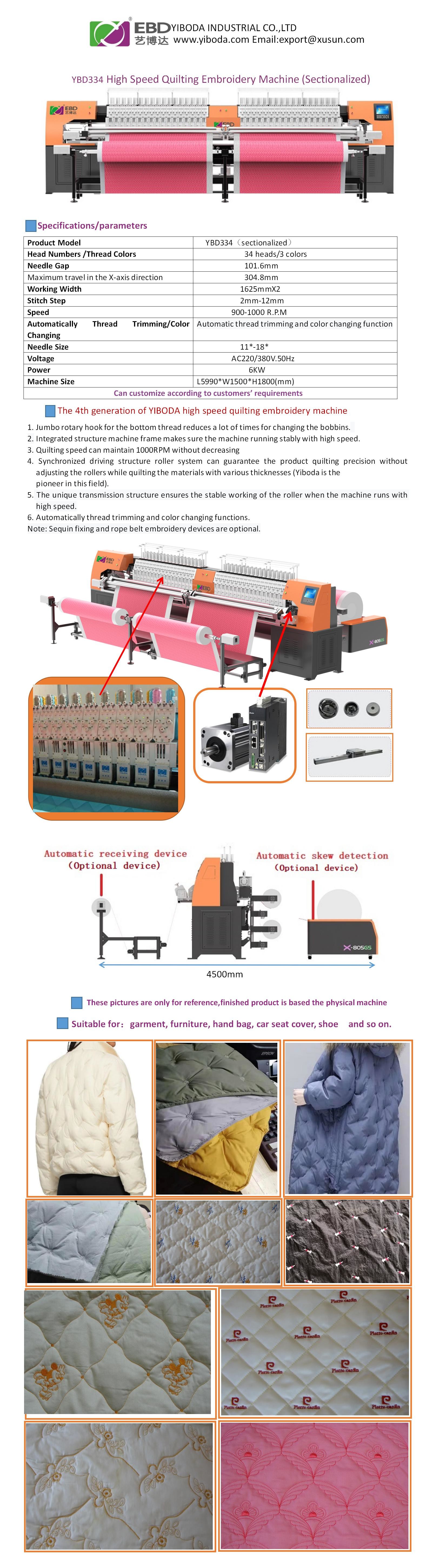 YBD334 High Speed Quilting Embroidery Machine (Sectionalized)