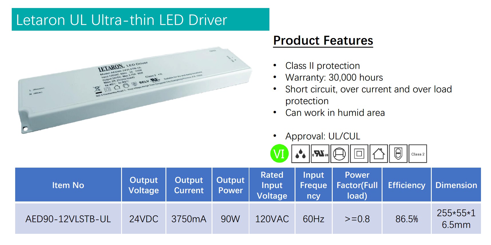 Letaron Ultra Thin Switching Led Driver , 90 Watt Led Driver For Cabinet Lighting