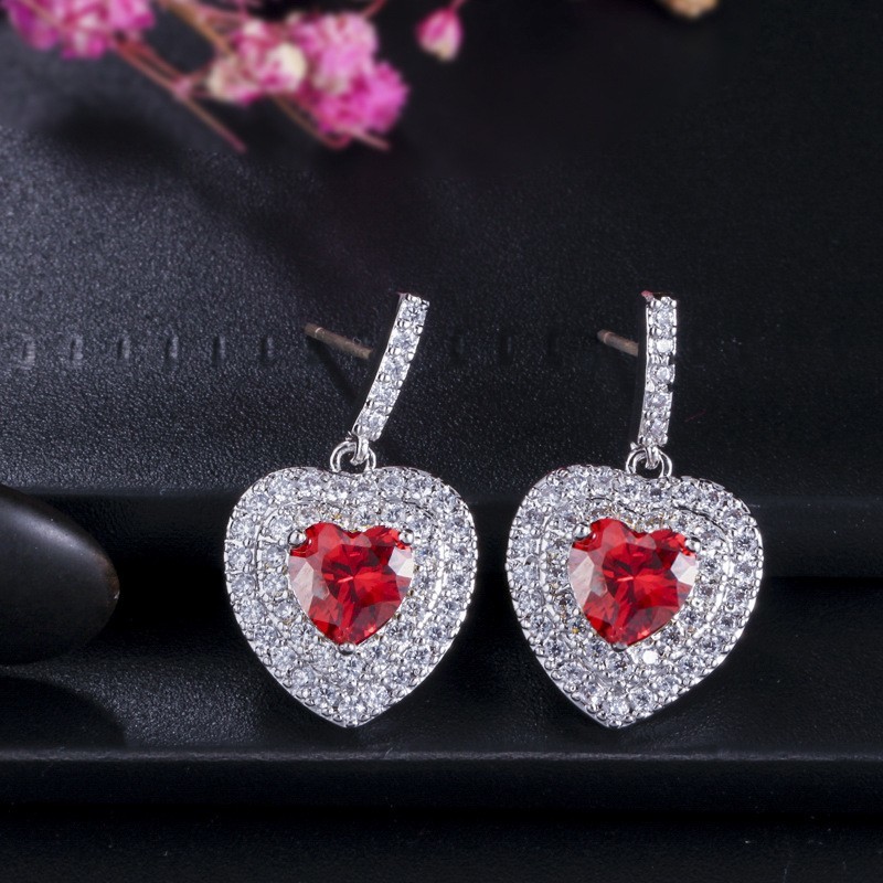 Fashion Lady Heart Shape Earrings Red CZ Stone Earrings jewelry earrings necklace jewelry set