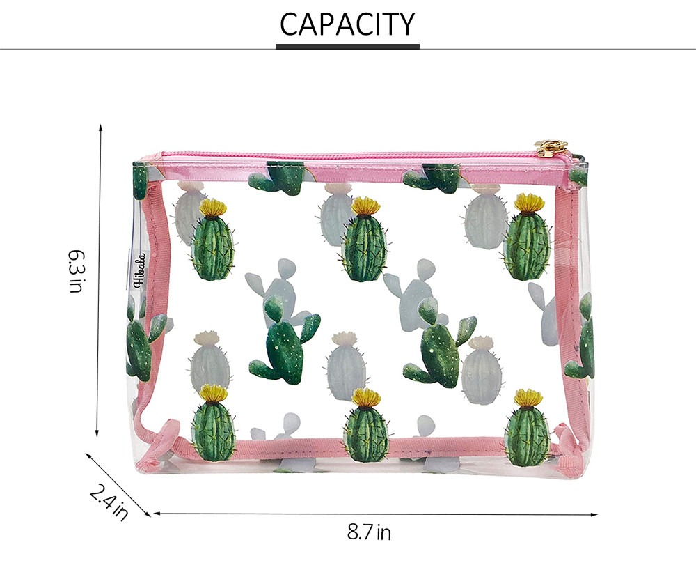 Zippered Cactus Print See Through PVC Cosmetic Bag