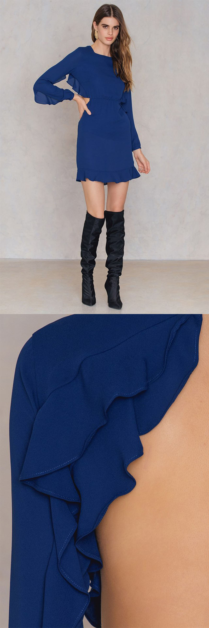 Latest Ruffle Open Back Design Blue Formal Dresses Women