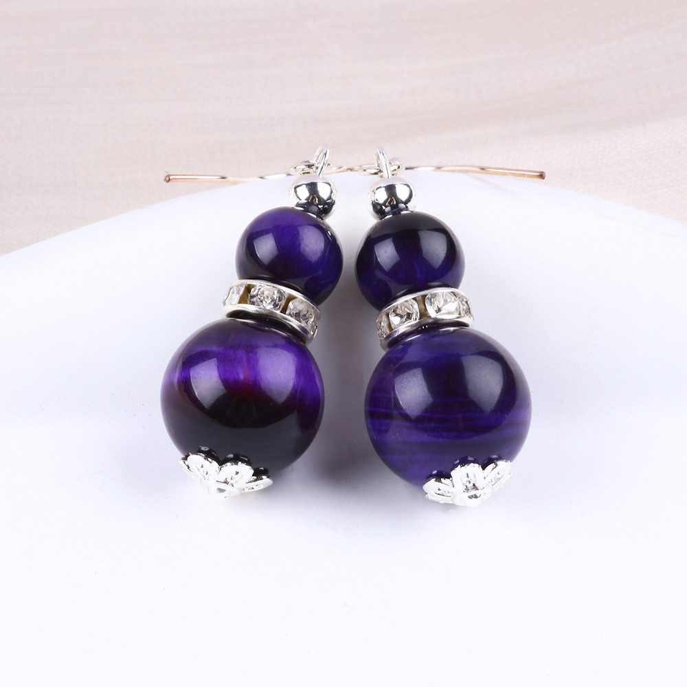 Handmade Crystal Stone Earrings Purple Tiger's Eye Gemstone Beaded Pendant Earrings