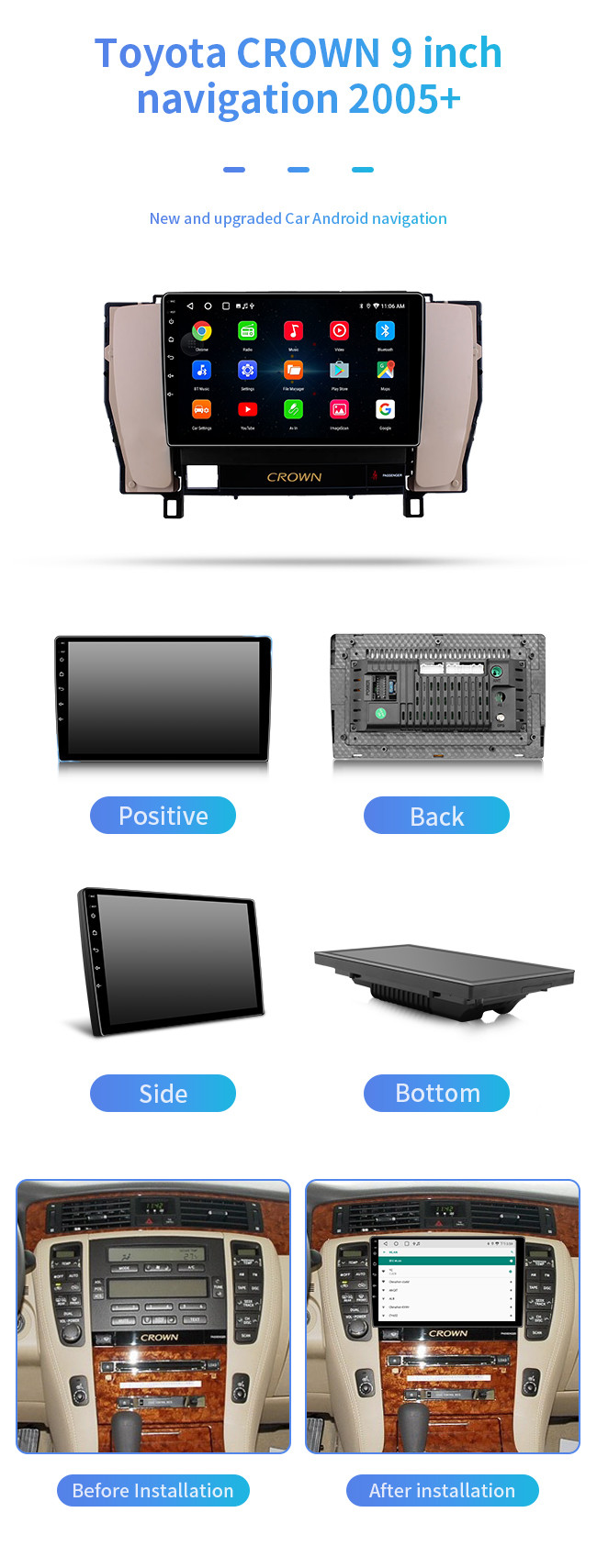 4 Core Touch Screen Car Navigation For Toyota Crown Android WIFI BT Music Carplayer MP5