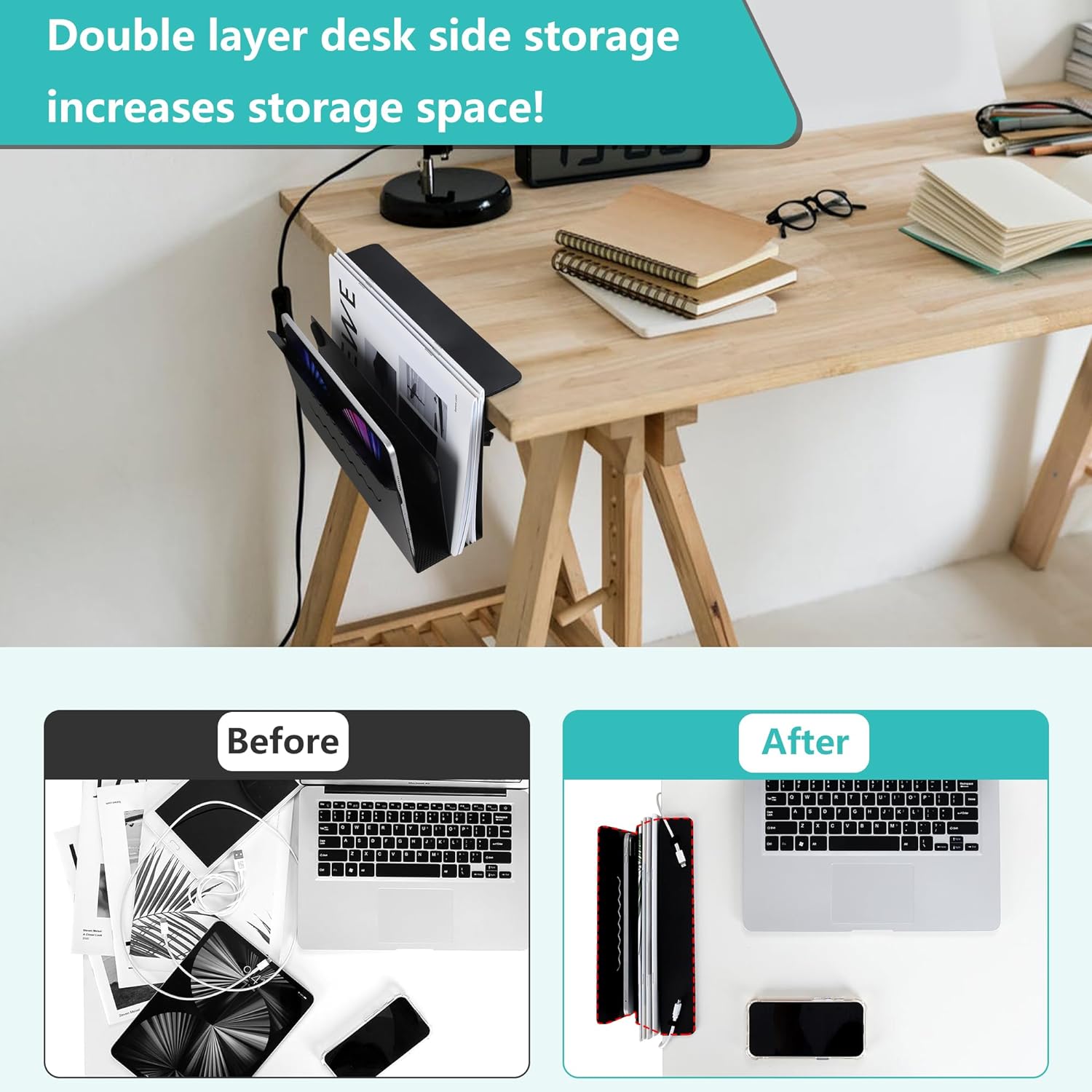 Functional Design Double-Deck Hanging Desk Laptop Organizer with Magnetic Pen Holder