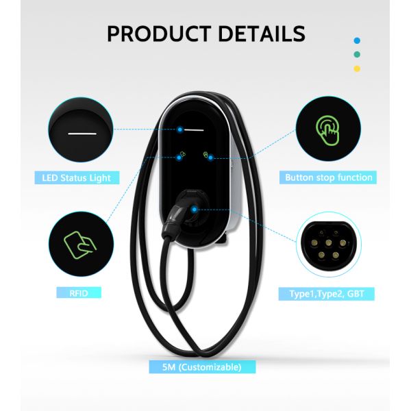 Single-phase AC220V 7KW 32 Amp Evse Ac Ev Stage 2 Home Car To 3 Pin Socket Wallbox Charger