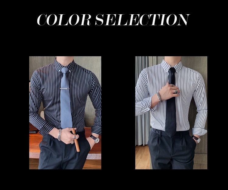 Stand Collar Polyester Cotton Slim Formal Long Sleeve Shirts With Stripes For Men