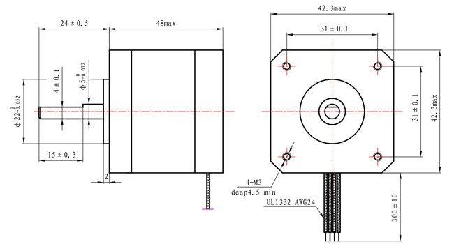 42x42x48mm 1.8 Degree High Temp Stepper Motor 0.59N.M 2.8A CE ROHS