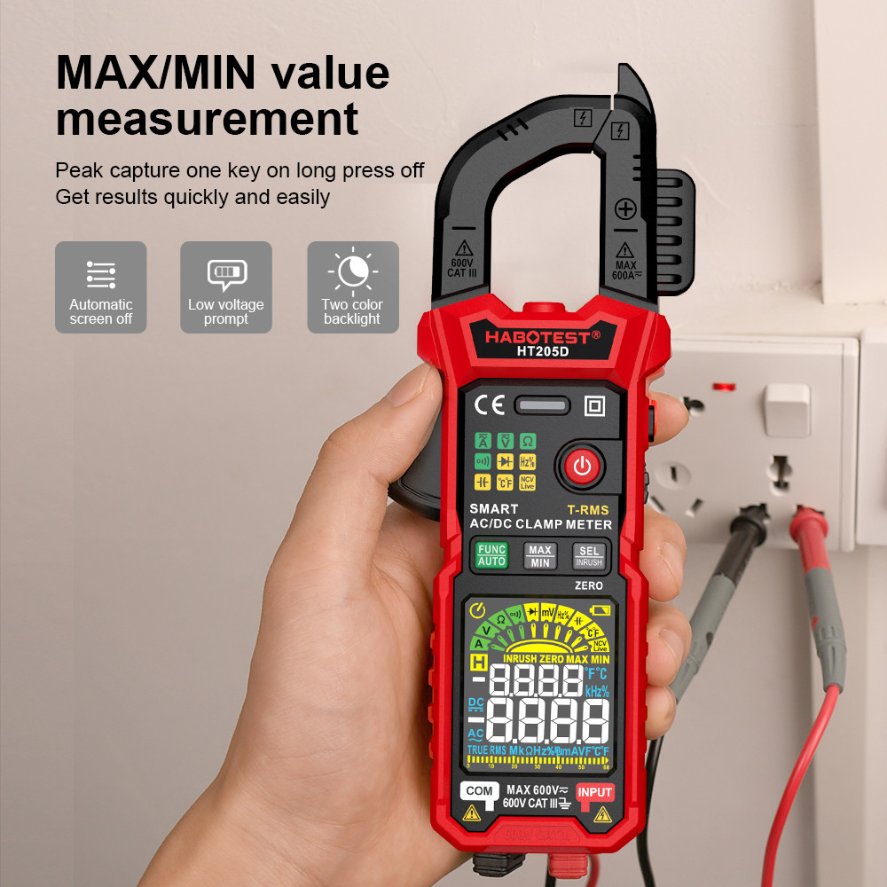 HT205 Clamp Meter Auto Range True RMS NCV DC AC Voltage Inrush Current Temperature Tester Automatic Voltmeter