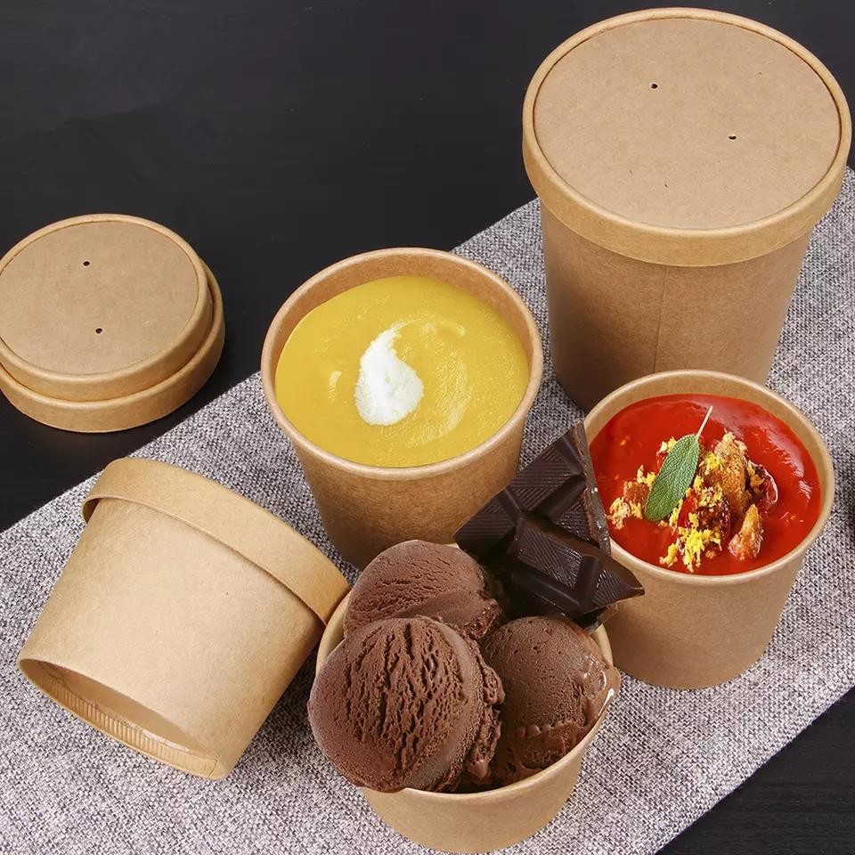Desserts PE Coated 30ozDisposable Food Grade Biodegradable Eco Paper Food Container Kraft Soup Bowl