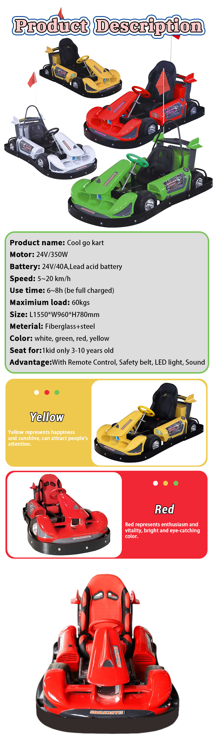 40A Lead Acid Battery Kiddie Rides Machine Electric Green Red Yellow Go Kart Led Light