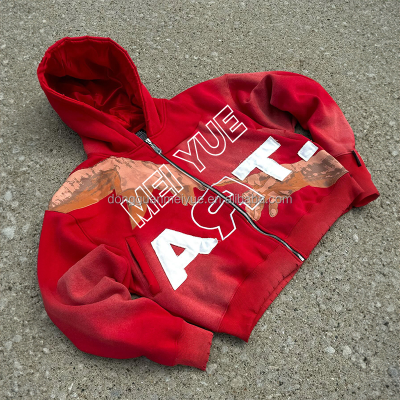 Custom Cropped Embroidery Distressed Hoodie Zip up Jacket Acid Wash Vintage Men Stain Lined Double Layer Streetwear Hoodie