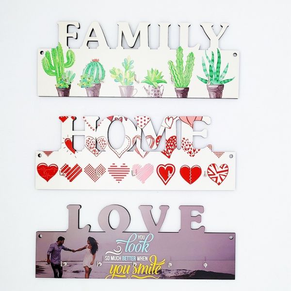 Modern Single Sided Sublimation Wood Blanks LOVE HOME FAMILY Wooden Key Hooks For Wall And Door