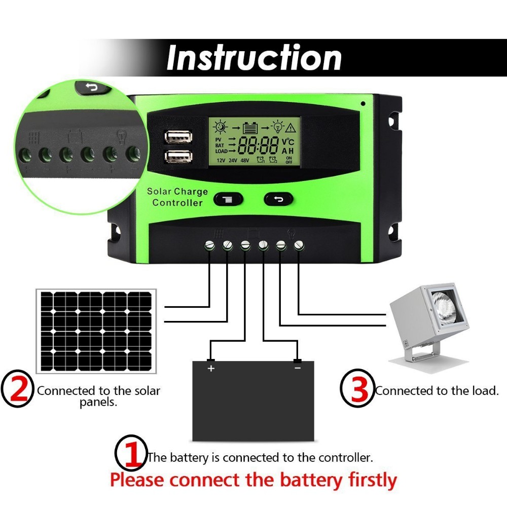 Manual 10A 50A 60A 20A 30A PWM Solar Charger Controllers 24V 12VDC Output Bulb