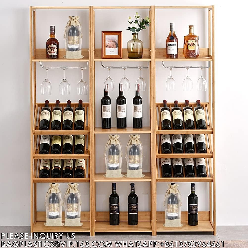 Burlap Wine Bags With Sheer Window, Hessian Cloth Bottle Gift Bags With Drawstring For Christmas Holiday Wedding Party