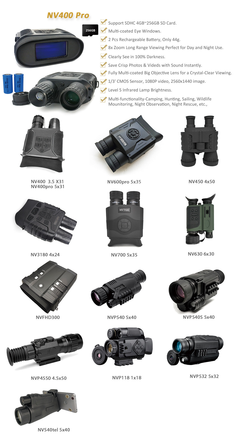 NV400 Pro Night Vision Goggles Binoculars Digital Infrared Binoculars 128GB Memory Card