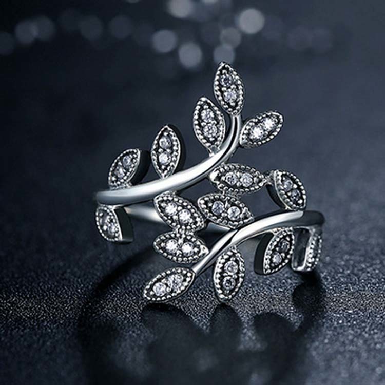 Sterling Silver Pave Clear Cubic Zircon Leaves Band Ring Vintage Style Jewelry (R12281)