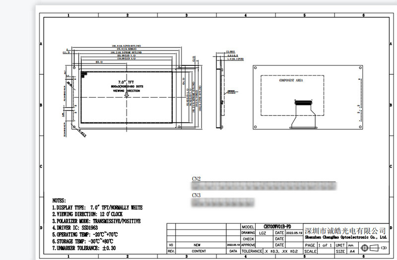 Hight Brightness TFT LCD Display 7.0 Inch 800x480 Resolution With PCB Driver Board