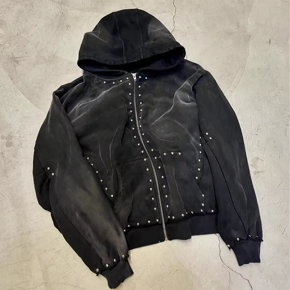 500gsm Black Rhinestone Zip Up Hoodie Men Oversized Autumn Hooded Hoodie Sun Faded Acid Wash Look