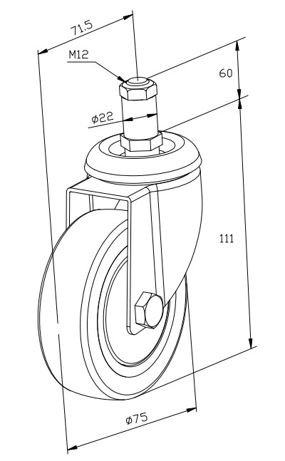 JY 100KG 130KG PVC Caster Wheels M12 Threaded Stem Swivel Caster