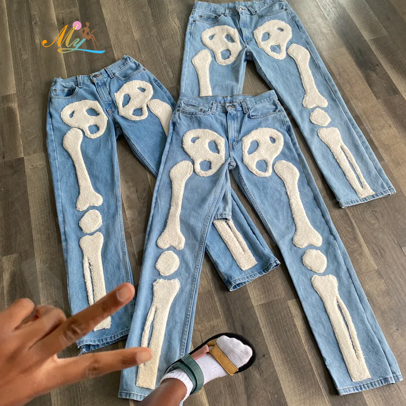 OEM New Designed Custom Bone Chenille Embroidery Men Jeans Pants Casual Blue Sweatpants Pantalones De Hombre Jeans