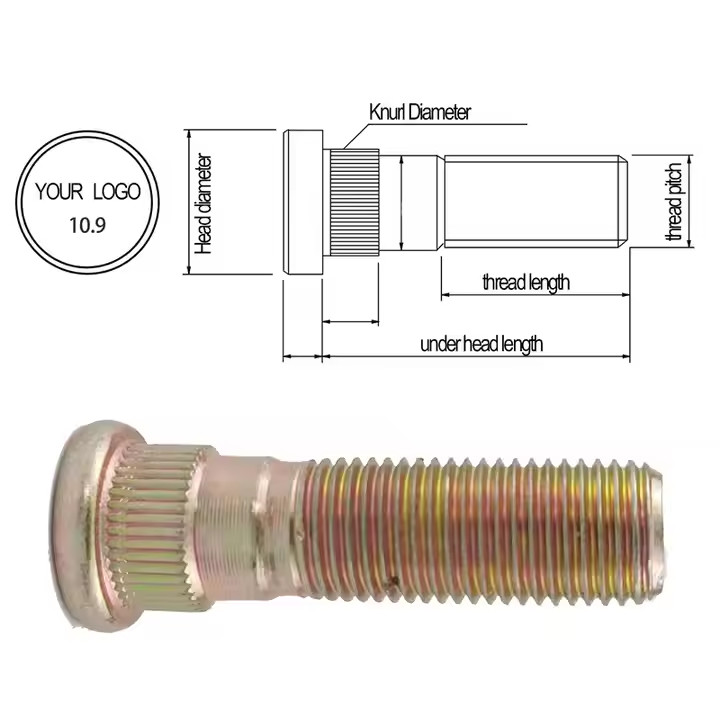 25mm Thread Length Extended Lug Studs Steel 12mm Diameter Knurl