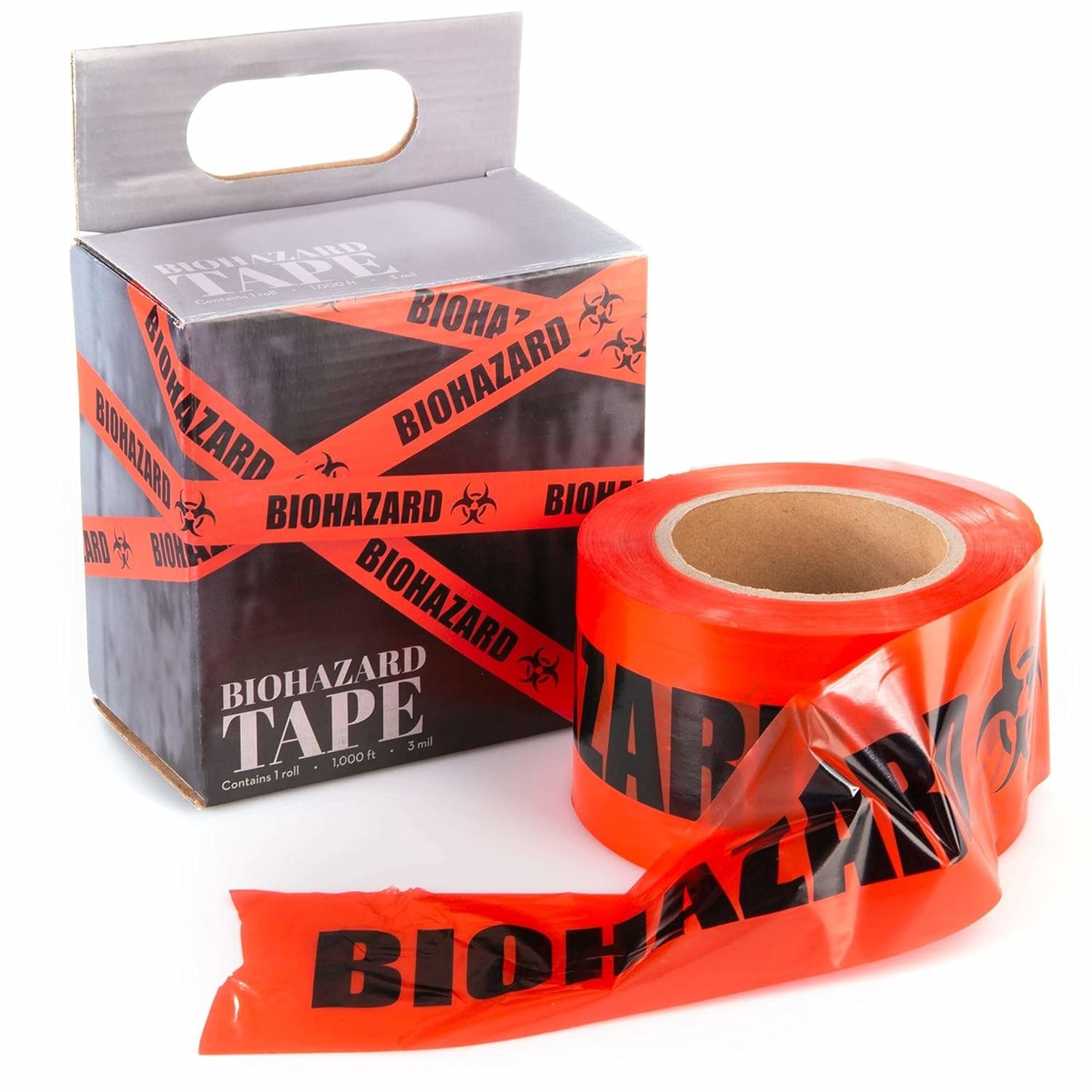 Biohazard Warning Tape with Black Imprint, Legend "Biohazard" (with Logo), 55 yd. Length x 2" Width, 3" Diameter Core